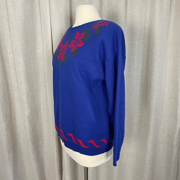 Vintage Sweater Womens Size Medium Blue Pink Floral Knit Crewneck Grandma 80s - Picture 4 of 10